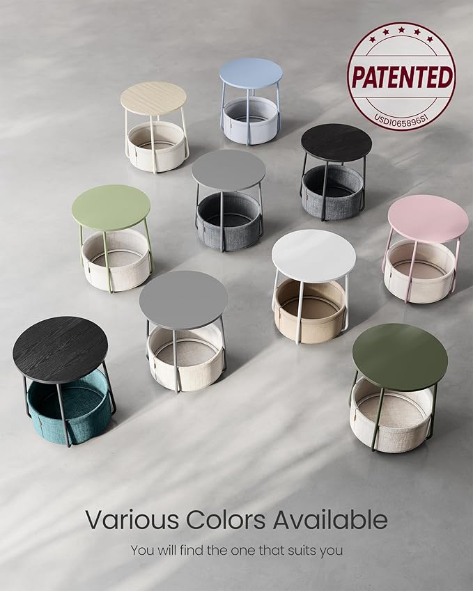 VASAGLE LILEA Collection - Small Round Side End Table, Modern Nightstand with Fabric Basket, Ebony Black and Slate Gray ULET223B01