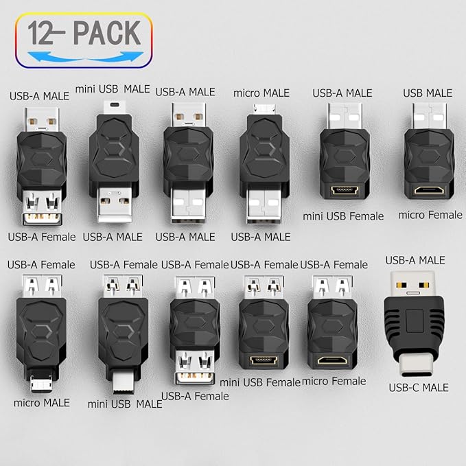 USB 2.0 Adapter Set USB/Type C/Micro/Mini Male to Female Converter Connector (12 pcs)