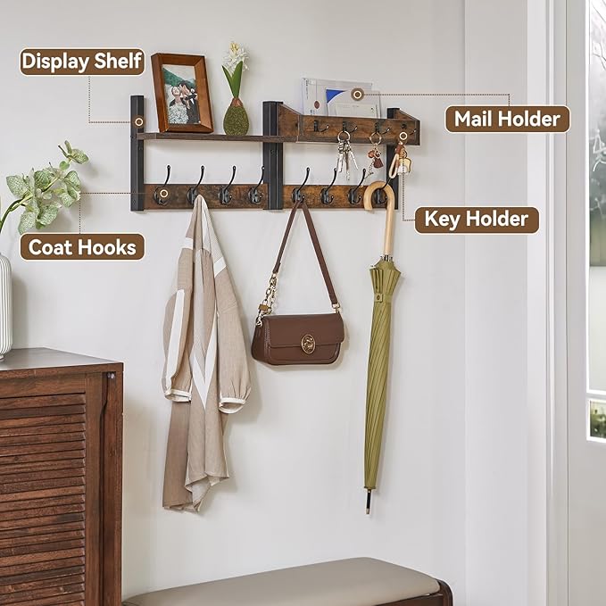 YMYNY 31.5" Coat Rack Wall Mount with Shelf, 4 in 1 Key and Coat Hanger with 12 Metal Hooks, Wall Shelf with Hooks & Mail Holder for Living Room, Bedroom, Rustic Brown, HWS007H-2