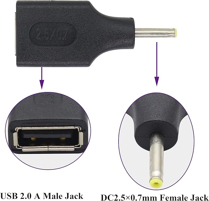 (2 Pack DC 2.5 × 0.7mm to USB DC Power Adapter USB 2.0 A Female to DC 2.5×0.7mm Male 5 V DC Power Charge Barrel Connector for Tablet,Access Control Attendance,Electronic Dog.(F/2.5x0.7)
