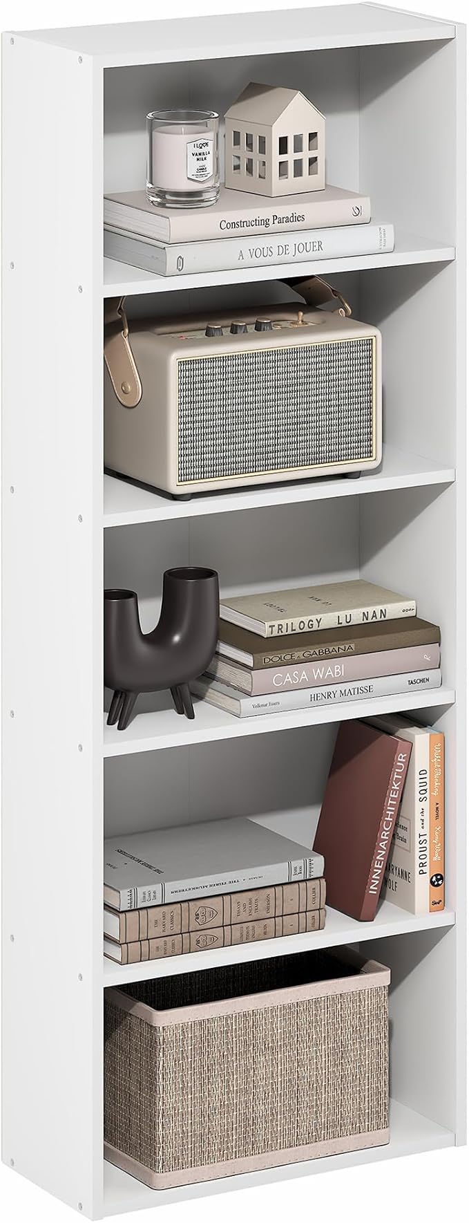 Furinno Basic Book Shelf, 5-Tier Bookshelf, Cube Storage Organizer Bookcase with Open Shelf, 7 x 17 x 44, for Living Room, Bedroom, Home Office, White