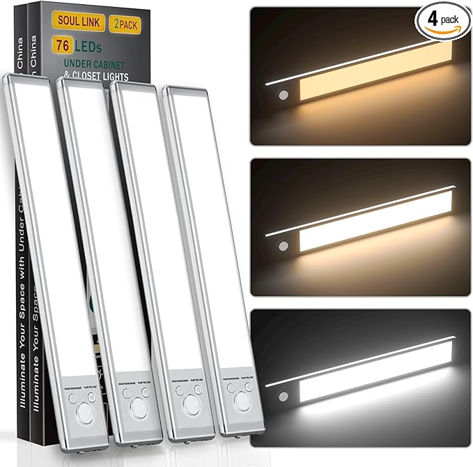 Under Cabinet Lights,76 LED Operated Motion Sensor Light Indoor,1500mAh USB Rechargeable Closet Lights, 4 Pack Magnetic Dimmable Closet Lights，Wireless Under Counter Lights for Kitchen, Stairs