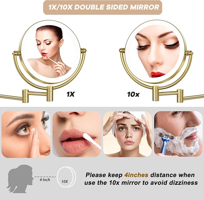 Matte Gold Wall Mounted Makeup Mirror with Lights and 10X Magnification, 8" Rechargeable 2-Sided 3-Colors, Touch Dimmable Extended Arm 360 Rotation, Foldable Vanity Cosmetic Shaving Mirror Bathroom