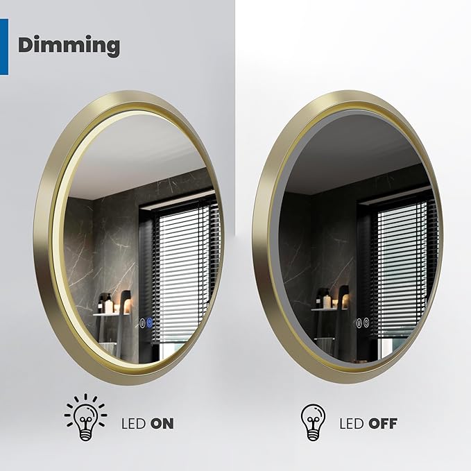 Round LED Mirror 24 Inch for Bathroom, Gold Metal Frame Lighted Vanity Mirror,Wall Mounted Circle with Lights,6000K Anti-Fog & Dimmable Touch Switch