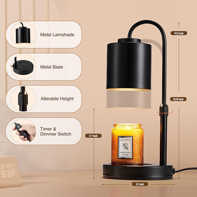 CASTLELIFE Candle Warmer Lamp with Timer & Dimmer, Height Adjustable Electric Wax Melt Warmer for Jar Candles, Gifts for Mom Home Decor, Black