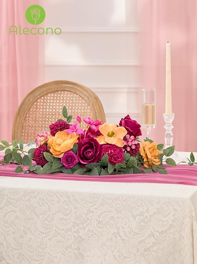 Alecono Artificial Flowers, Hot Pink and Orange Silk Fake Flowers for DIY Wedding Bridal Bouquets, Wedding Cake Flowers for Table Centerpieces Party Home Decorations