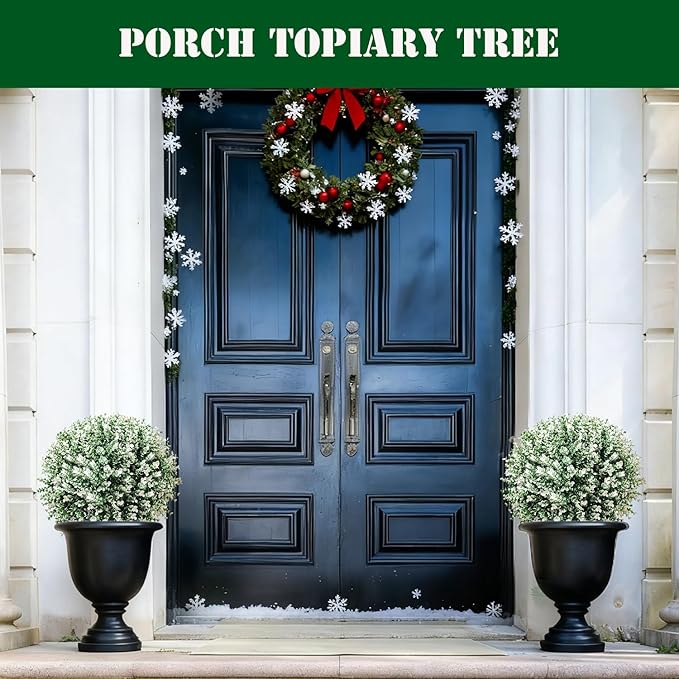 2 Pack White Artificial Christmas Tree, 24'' Outdoor Xmas Ball Tree,Fake Boxwood Topiaries with Spike,Faux Plants for Planters Urn Filler, Porch Potted Entrance Driveway Decor