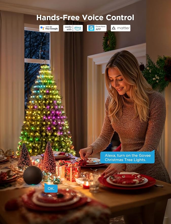 Govee Christmas Tree Lights, Smart RGBIC 480 LEDs Christmas Lights, 6.6ft × 24 String Lights for Holiday Decorations, Music Sync, Voice and APP Control, 60+ Scene Modes, Green Wire, Adapter
