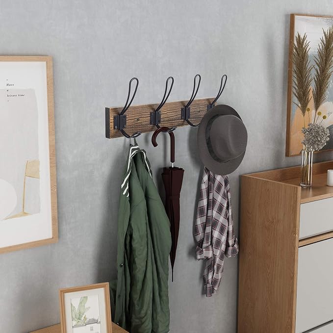 Rustic Wall Mounted Coat Hook with 4 Farmhouse Hooks - Solid Pine Wood Towel and Coat Rack for Bathroom, Entryway, Kitchen - Brown