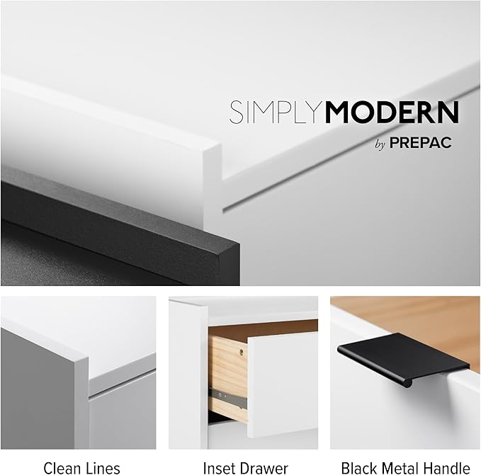 Prepac Simply Modern Nightstand Bedside Table, White Nightstand for Bedroom, End Table with 3 Drawers 26.5" W x 26.75" H x 16" D