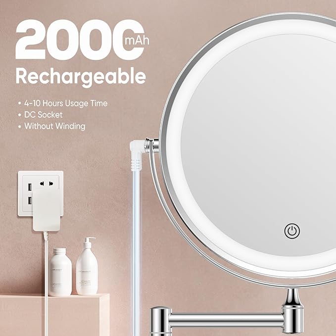 FASCINATE Rechargeable Wall Mounted Makeup Mirror with Lights and Magnification, 8 Inch Double Sided 1X 10X Magnifying Bathroom Mirror with 3 Color Lights & 360° Rotation Vanity Mirror - Chrome