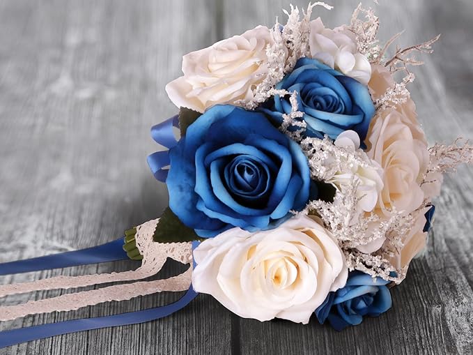 LEIFENY Wedding Bouquets for Bride, Champagne White & Royal Blue Bridal Bridesmaid Wedding Flowers, Artificial Toss Rose for Civil Ceremony (Hollow Lace Ribbon Handle)