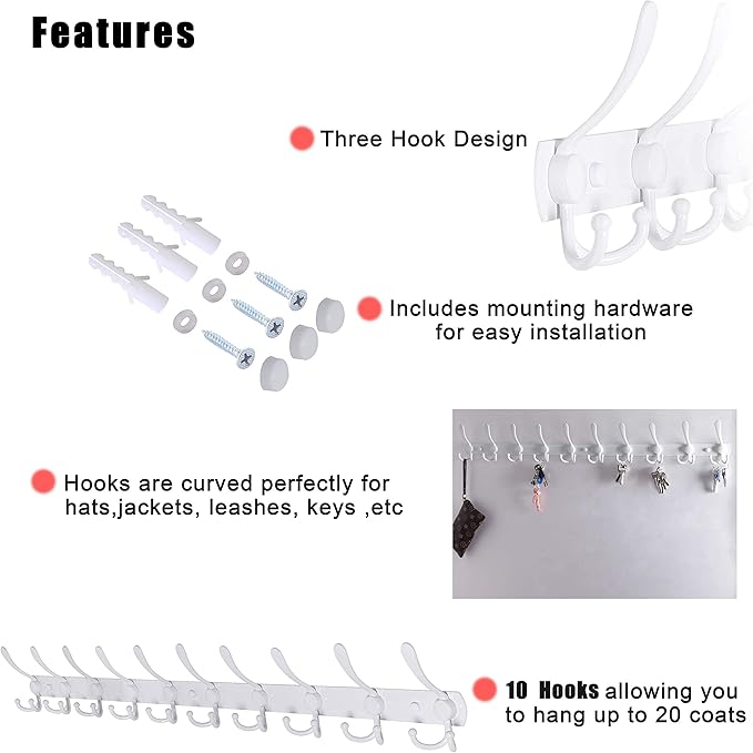 Dseap Coat Rack Wall Mount - 38” Long 10-Tri-Hooks Heavy Duty Coat Hanger Rail Wall Hooks for Hanging Coats Hats Clothing Clothes Purse Mudroom Entryway, White
