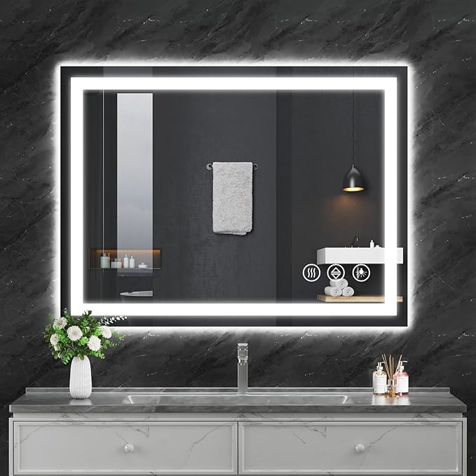 Koonmi 30x40 LED Bathroom Mirror, Backlit + Front Lit, LED Bathroom Mirror with Lights for Wall, 3 Colors, Anti-Fog, Dimmable Brightness, Memory Function, Tempered Glass