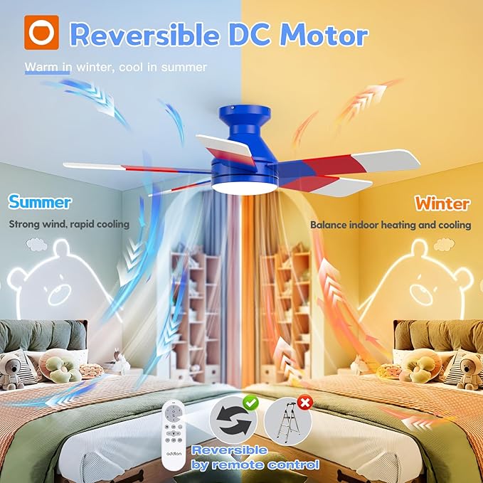 addlon Ceiling Fans with Lights, 42 Inch Low Profile Kids Ceiling Fan, Boy's Fan with Remote, Reversible, 3CCT, Dimmable, Quiet, Blue Small Ceiling Fan for Kids Room, Bedroom Indoor/Outdoor Use