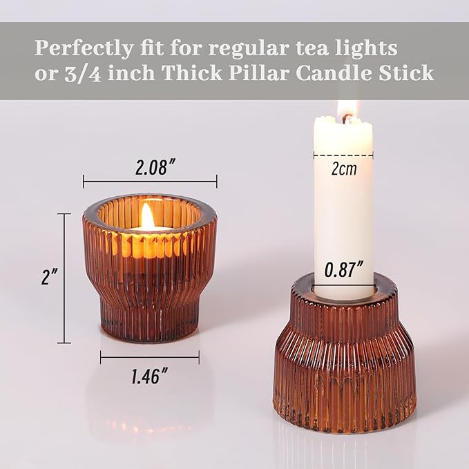 12pcs Amber Glass Candlestick Holders, Taper Candle Holders Tea Light Candle Holder for Wedding Centerpieces Table Decorations, Votive Candle Holders for Table Decor