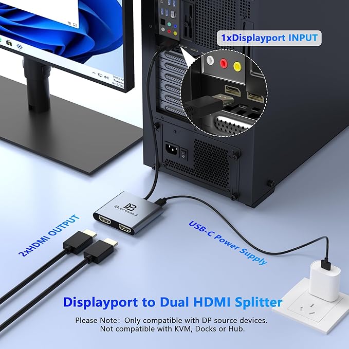 DisplayPort to Dual HDMI Adapter 4K@60Hz, DisplayPort Splitter for Dual HDMI Monitors, Supports Extended Display SST/MST Hub, DP Splitter 1 in 2 Out for PC, Desktop, NVIDIA/AMD Graphics Card
