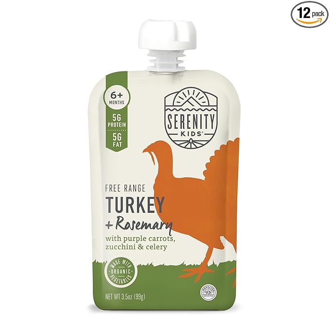 Serenity Kids 6+ Months Baby Food Pouches Puree - Free Range Turkey & Organic Rosemary Blend With Purple Carrot & Zucchini - No Added Sugar & BPA-Free Pouches - 3.5 Oz, 12 Pack