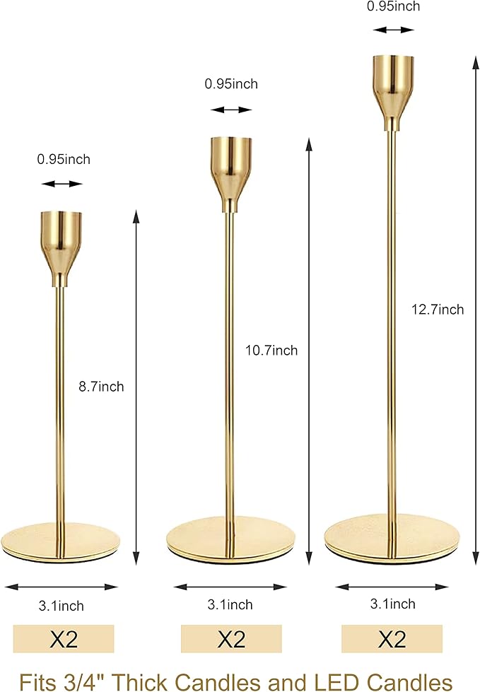 Gold Taper Candle Holders Set of 6, Metal Candlestick Holders for Table or Mantel Decor Centerpiece, Candle Stick Holder Decor for Wedding, Dinning, Party or Anniversary