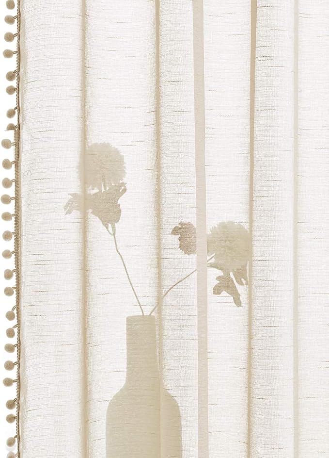 Treatmentex Pom Pom Linen Sheer Curtains for Living Room 63 inches Length Slub Textured Natural Farmhouse Window Sheers Drapes 52" w x 2 Pack, Rod Pocket, Beige