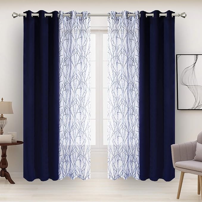BONZER Mix and Match Curtains - 2 Pieces Branch Print Sheer Curtains and 2 Pieces Blackout Curtains for Bedroom Living Room Grommet Window Drapes, 37x84 Inch/Panel, Indigo, Set of 4 Panels