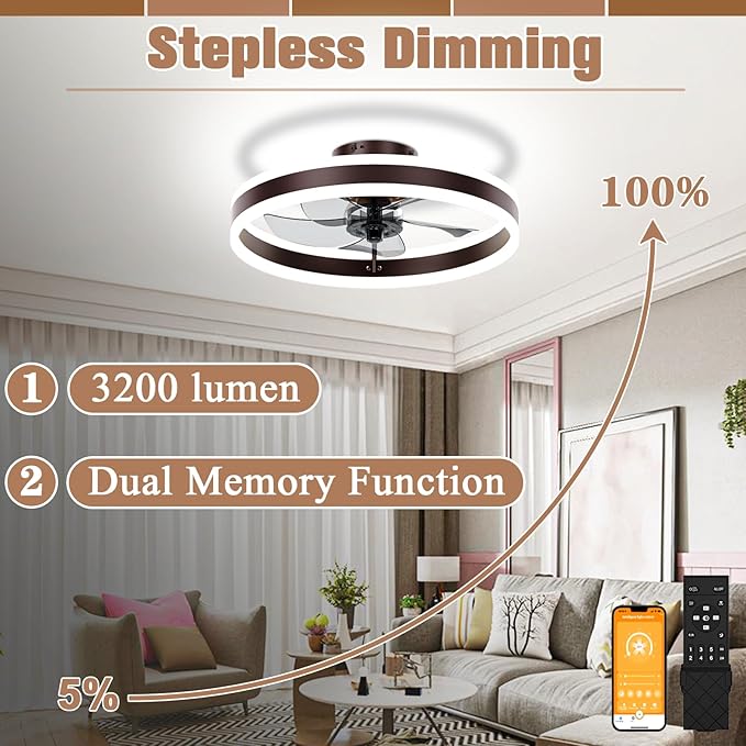 VOLISUN Fandelier Ceiling Fans with Lights and Remote, 15.7in Low Profile Ceiling Fan Flush Mount, 3000K-6500K Dimmable Bladeless LED Fan Light, Brown Modern Ceiling Fans with Lights for Bedroom