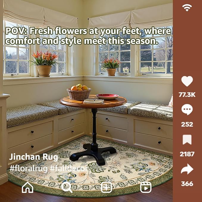 jinchan Floral Corner Rug for Living Room Washable Bedroom Rug Vintage Romance Design Non Slip Quarter Circle Lightweight Low-Pile Throw Carpet for Reading Nook Playroom,8ft Radius, Green/Beige