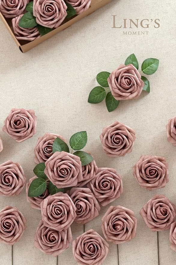Ling's moment Artificial Flowers 25Pcs Dusty Rose Roses Decor w/Stems,3" Real Touch DIY Foam Floral for Wedding Bouquet/Centerpieces, Outdoors Party Backdrop, Room/Table, and Garden/Pot Decorations