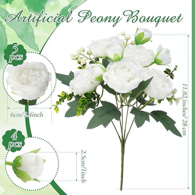 Geosar 2 Bundles Artificial Peonies Flowers Fake Silk Peony Bouquet Faux Peonies Flowers Bulk for Decoration Vase Floral Arrangements Wedding Party Table (White)