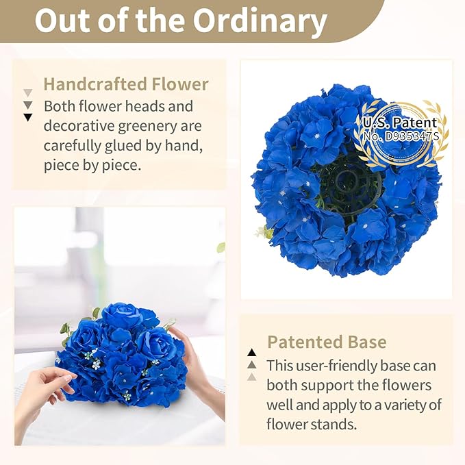NUPTIO Royal Blue Flowers for Centerpieces: 10 Pcs 11.8 inch Diam Artificial Flower Balls for Centerpieces - Fake Flower Ball Arrangement Bouquet Rose Wedding Centerpieces for Tables Decorations