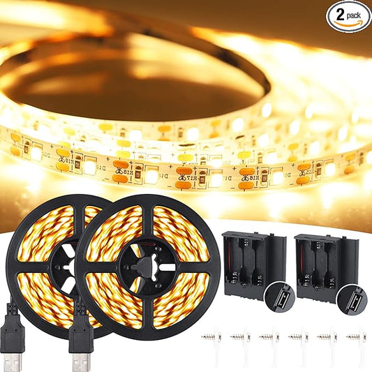16.4FT Warm White LED Strip Light with USB Plug + Battery Box Operated, 3000K Soft White Ribbon Strip, Adhesive 300LEDs Flexible Strip Tape for Kitchen Bedroom Under Cabinet TV Computer