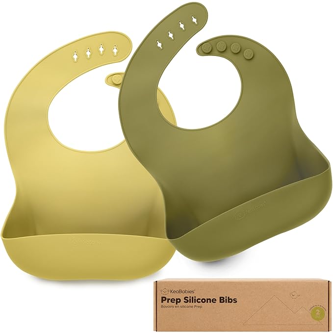 KeaBabies 2-Pack Silicone Baby Bibs for Eating - Sturdy Food-Grade Silicone Bibs for Babies Girl, Boy, Large Food Catcher, Clean & Put On Easily, Waterproof Toddler Feeding Essentials (Olives)