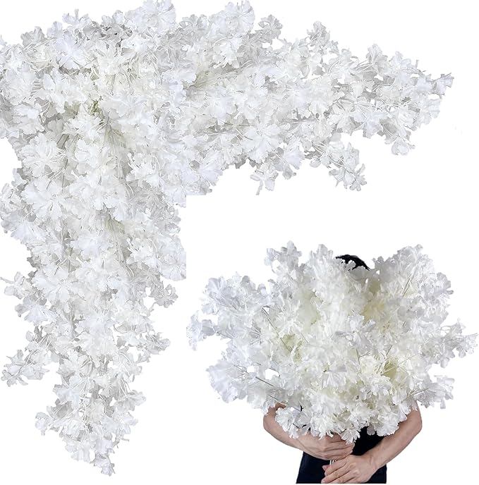 50Pcs in Bulk Artificial White Cherry Full Blossom Branches 35 Inch for Tall Vase Wedding Home Decoration Fake Silk Flowers for Table Centerpiece Garden Party Indoor Outdoor (White - Pack of 50)