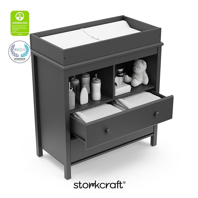 Storkcraft Alpine 2 Drawer Changing Table Chest (Gray) - Attached Changing Table Topper Fits Any Standard-Size Baby Changing Pad, 2 Drawers, 2 Shelves for Extra Nursery Storage, Easy to Assemble