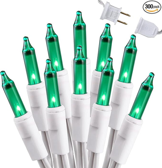 Brizled Green Christmas Lights, 69.6ft 300 Count Mini String Lights Connectable, 120V UL Certified Incandescent Light White Wire, Green Xmas Tree Light for Indoor Outdoor Xmas Halloween Tree Party