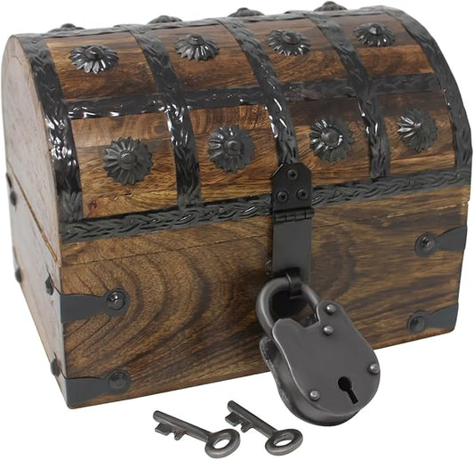 Nautical Cove Handmade Pirate Treasure Chest for Kids Prizes & Classroom with Lock and Skeleton Keys – Lockable Wooden Storage Chest Box, Pirate Decor, Decorative Wooden Box - Small 8x6x6