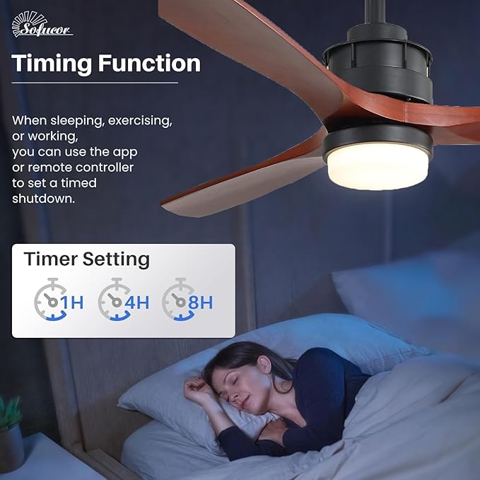 Sofucor Ceiling Fans With Lights, 60 Inch Solid Wood Ceiling Fan With Light and Remote, Indoor/Outdoor Ceiling Fans with Light, Reversible DC Motor, 3 Blade Modern Ceiling Fan Light for Bedroom Patio