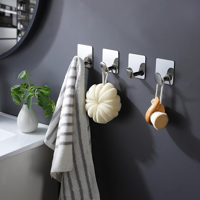 DELITON Towel Hooks for Bathrooms - 4 Pack Wall Hooks for Hanging Heavy Duty Adhesive Command Hooks for Coat Robe, Waterproof Shower Hooks Stainless Steel Mirror, Silver