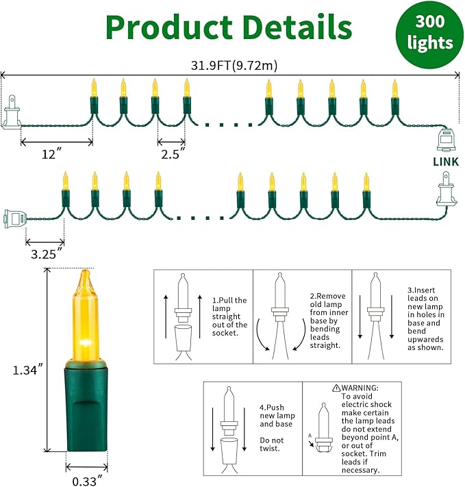 LAMPHOME Super-Bright Extendable Yellow Christmas Lights Decoration 300 Lights 63.8ft(2pk of 150L) UL Certified Mini Bulb String Lights Set for Outdoor Christmas Tree Garden Holiday Party Patio Decor