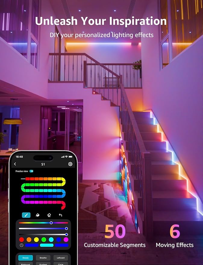 Lepro S1 AI LED Strip Lights for Bedroom - 32.8ft Smart RGB Light Strips with IC and Rainbow Chasing Effects, Color Segment DIY, Personalized Al Lighting Designer, No Remote, 2.4G Wi-Fi & Bluetooth