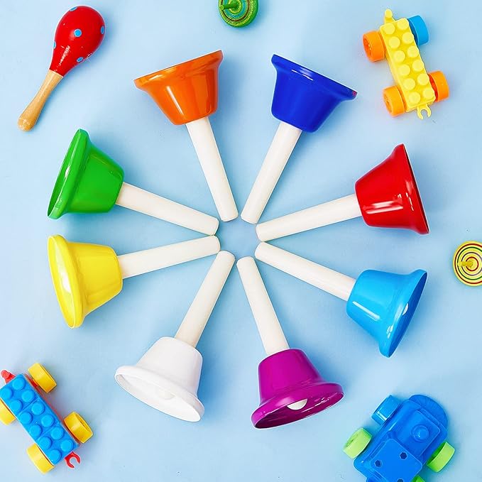 Fabbay 16 Pcs 8 Note Hand Bells Set Musical Handbells for Kids Colorful Diatonic Metal Bells Toy Percussion for Kids Toddlers Children Musical Teaching Church Chorus Wedding Family Birthday Party
