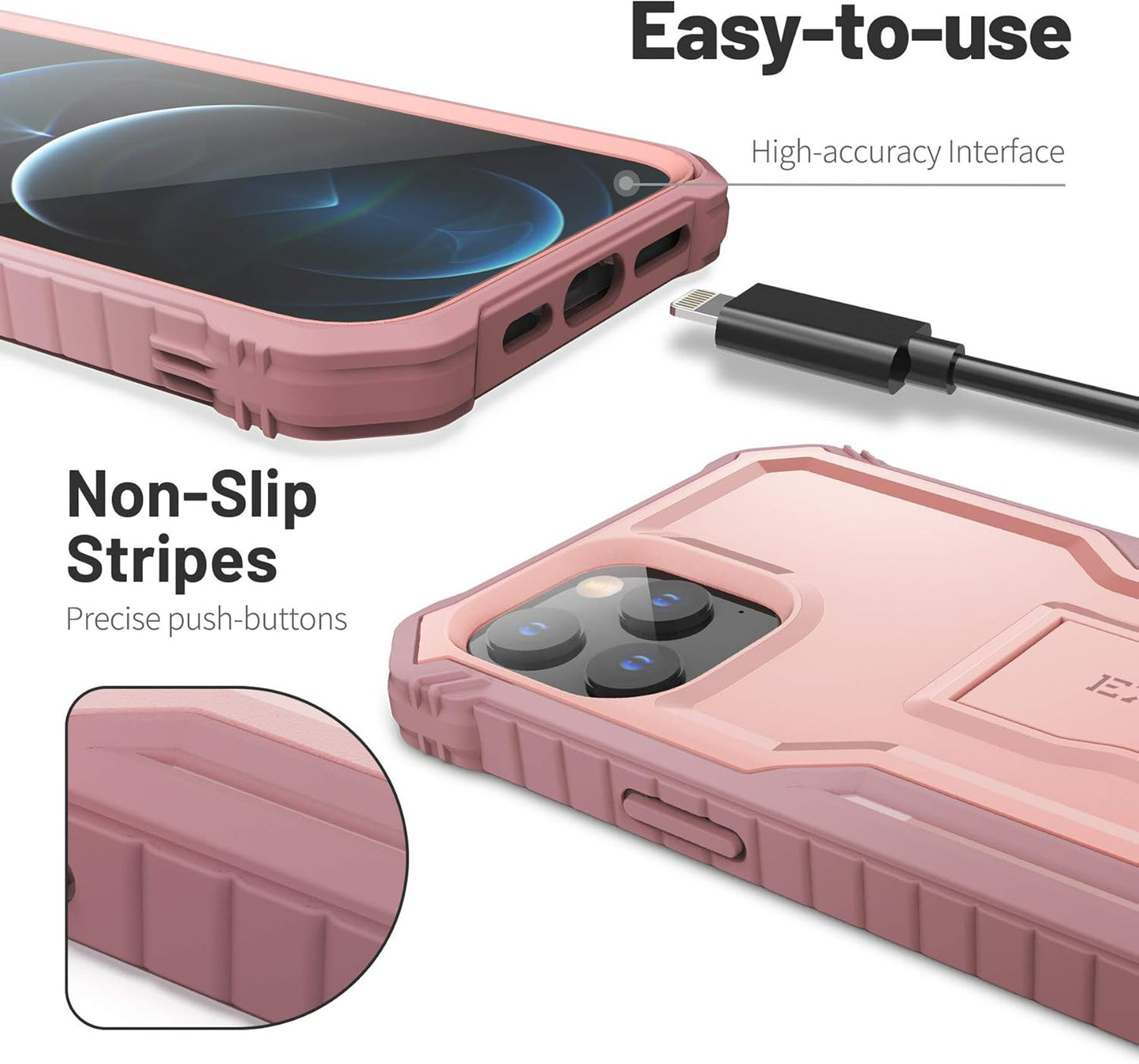 ExoGuard Pink iPhone 12 Case, Compatible with iPhone 12 Pro, Rubber Shockproof Full-Body Cover with Kickstand