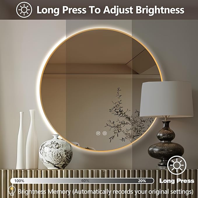 Niccy Round Led Mirror for Bathroom, 36" Backlit Mirror for Wall Circle Lighted Mirror with Gold Frame Anti-Fog, 3 Colors, HD Glass and IP65 Waterproof