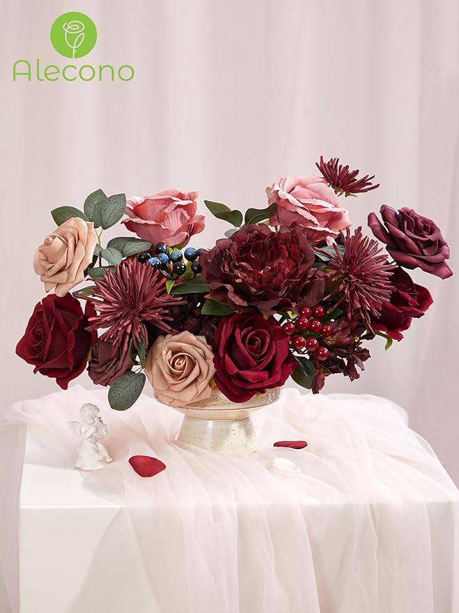 Alecono Artificial Flowers, Burgundy Silk Fake Flowers for DIY Wedding Bridal Bouquets, Red Cake Flowers for Wedding Table Centerpieces Birthday Party Home Decorations