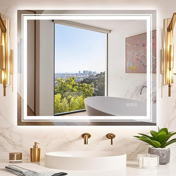 36x30 LED Mirror for Bathroom with Front and Backlit Light Up Digital Mirrors for Wall,Anti Fog,Stepless Dimmable,Tempered Silver Glass Smart Vanity Mirror for Bathroom