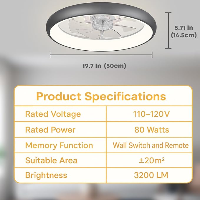20'' Ceiling Fan with Light, Upgraded Low Profile Fan, Flush Mount Ceiling Fan, 6 Speeds, Dimmable LED, App & Remote Control, Quiet DC Motor, for Bedroom, Living Room, F109 Grey