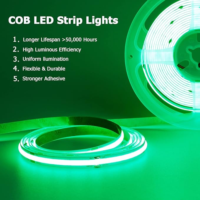 TOPAI 12V COB LED Strip Light Green Waterproof IP65 Super Bright 16.4ft Boat LED Lights Dotless 480LED/M Cuttable Flexible for Pontoon, Yacht, Kayak, Home Lighting Projects