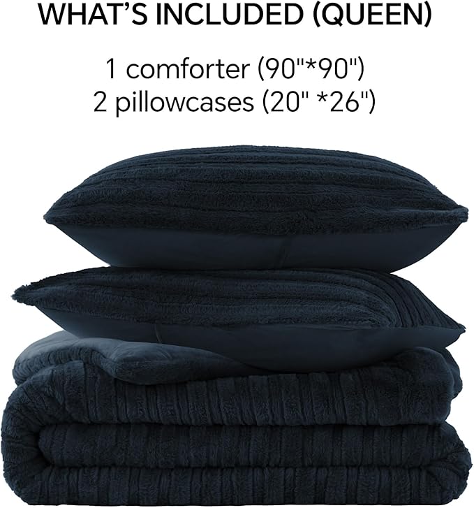 BEDELITE Fleece Queen Comforter Set -Super Soft & Warm Fluffy Navy Faux Fur Bedding, Luxury Fuzzy Heavy Bed Set for Winter with 2 Pillow Cases