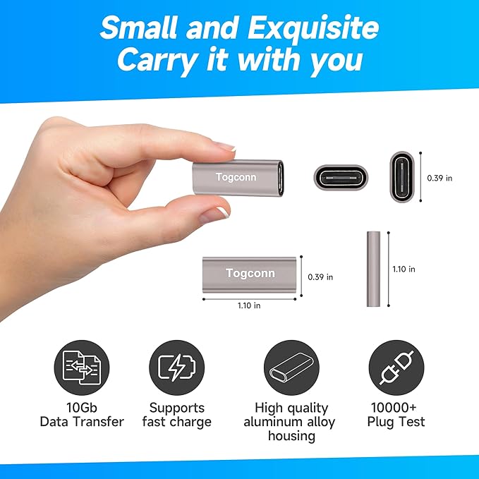 USB C 3.1 Coupler 2Pack, USB 3.1 Type-C Female to Female Extension Adapter Connector Supports 4K@60Hz Video, 10Gbps Data Transfer and Fast Charging Compatible with Thunderbolt 4/3, iPhone 15/16 Series