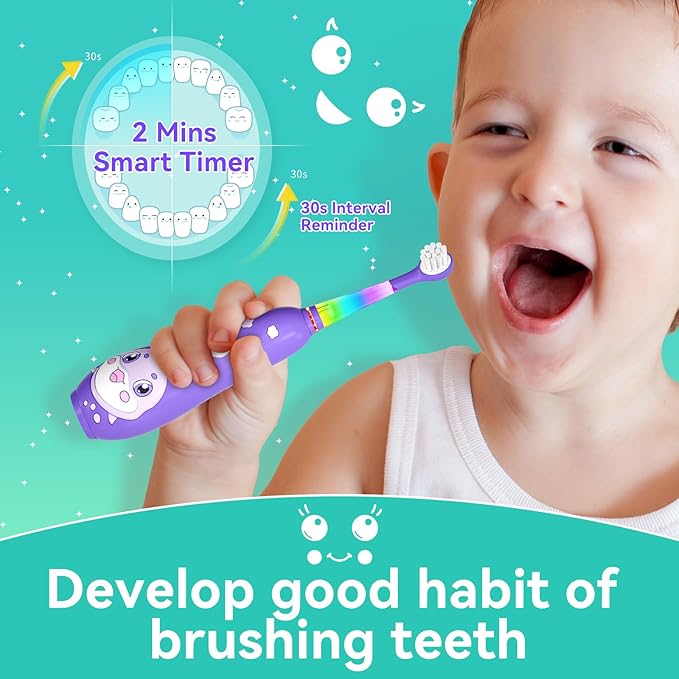 SEAGO Kids Electric Toothbrushes Rechargeable, Toddler Electric Toothbrush with Magnetic Charging, LED Observing Light, 8 Toothbrush Heads for Ages 2-4-6 Boys Girls (Purple)
